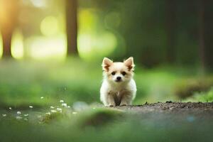 ein klein Hund Stehen im das Mitte von ein Wald. KI-generiert foto