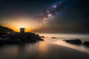 ein Tasse von Kaffee auf das Felsen beim Sonnenuntergang. KI-generiert foto