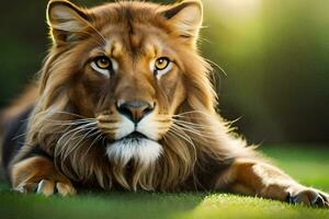 ein Löwe ist Verlegung auf das Gras im das Sonnenlicht. KI-generiert foto