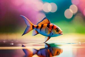 ein Fisch ist Stehen auf das Wasser mit ein bunt Hintergrund. KI-generiert foto