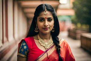 ein schön indisch Frau im ein rot Sari. KI-generiert foto