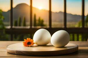 zwei Eier auf ein hölzern Tabelle mit ein Blume. KI-generiert foto