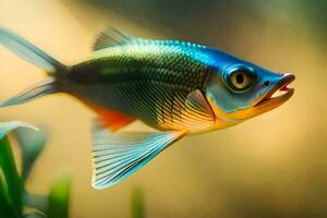 ein Fisch mit Blau und Grün Flossen im das Wasser. KI-generiert foto
