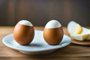 zwei Eier auf ein Teller mit ein Hälfte Hülse. KI-generiert foto