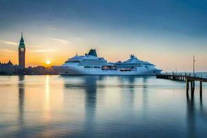 Kreuzfahrt Schiff im das Hafen beim Sonnenuntergang. KI-generiert foto