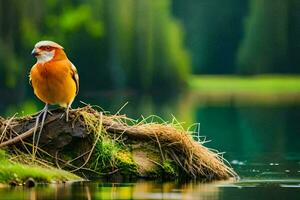 ein Vogel ist Sitzung auf ein Log in der Nähe von ein See. KI-generiert foto