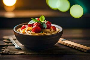 ein Schüssel von Pasta mit Erdbeeren und Minze Blätter. KI-generiert foto