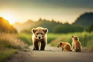 ein Bär und zwei Jungen Gehen auf ein Straße. KI-generiert foto