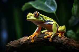 kostenlos fliegend Frosch auf Ast schön Baum Frosch auf Grün generativ ai foto