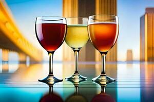 drei Brille von Wein sind gezeigt auf ein Tisch. KI-generiert foto