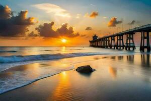 das Sonne setzt Über ein Seebrücke und Wellen auf das Strand. KI-generiert foto