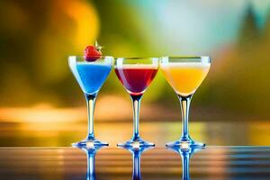 drei anders farbig Cocktails im Brille auf ein Tisch. KI-generiert foto