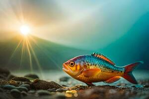 ein Fisch ist Stehen auf das Strand mit das Sonne leuchtenden. KI-generiert foto