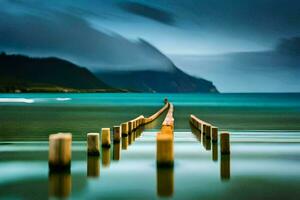 ein lange Seebrücke im das Ozean mit ein Berg im das Hintergrund. KI-generiert foto