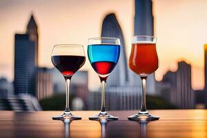 drei Brille von Wein mit Stadt Horizont im das Hintergrund. KI-generiert foto