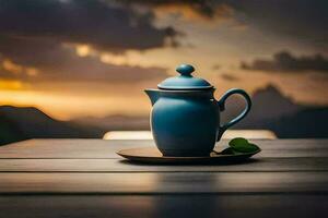 ein Blau Teekanne auf ein hölzern Tabelle mit ein Sonnenuntergang im das Hintergrund. KI-generiert foto