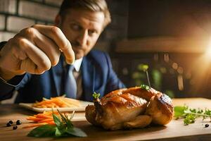 ein Mann im ein passen ist halten ein Hähnchen auf ein hölzern Tisch. KI-generiert foto