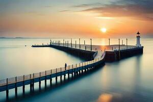 ein Seebrücke mit ein Leuchtturm beim Sonnenuntergang. KI-generiert foto