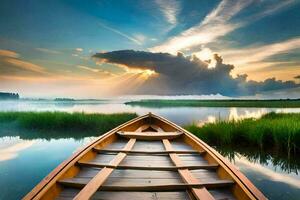 das Boot ist auf das Wasser beim Sonnenuntergang. KI-generiert foto