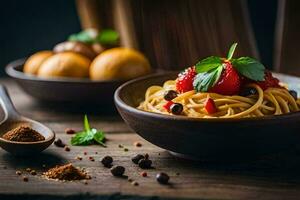 Spaghetti mit Erdbeeren und Nüsse auf ein hölzern Tisch. KI-generiert foto