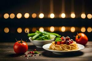 Spaghetti mit Tomaten und Grün Bohnen auf ein Platte. KI-generiert foto
