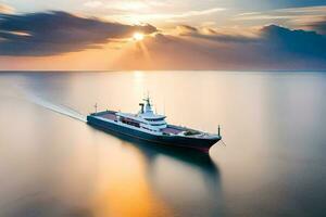 ein groß Schiff Segeln im das Ozean beim Sonnenuntergang. KI-generiert foto