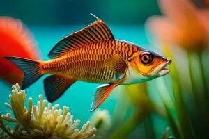 ein Fisch Schwimmen im ein Aquarium mit Pflanzen. KI-generiert foto