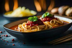 Spaghetti mit Fleischklößchen im Tomate Soße. KI-generiert foto