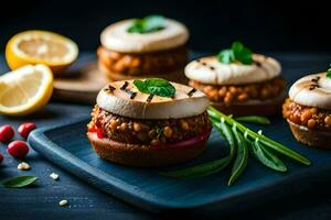 drei Mini Sandwiches mit Fleisch und Gemüse auf ein schwarz Platte. KI-generiert foto