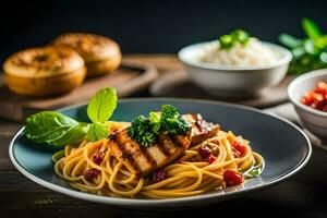 ein Teller von Spaghetti mit Fleisch und Gemüse. KI-generiert foto