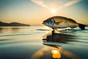 ein Fisch ist Schwimmen im das Wasser beim Sonnenuntergang. KI-generiert foto