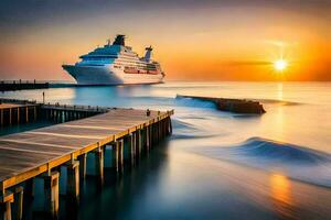 ein Kreuzfahrt Schiff im das Ozean beim Sonnenuntergang. KI-generiert foto