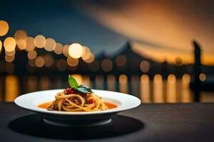 ein Teller von Spaghetti mit ein Aussicht von das Stadt. KI-generiert foto