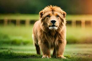 ein Löwe ist Stehen im das Gras. KI-generiert foto