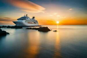 ein Kreuzfahrt Schiff im das Ozean beim Sonnenuntergang. KI-generiert foto