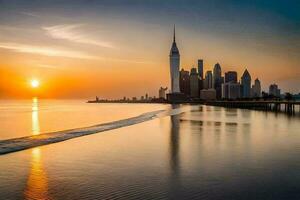 das Sonne setzt Über das Stadt Horizont im Dubai. KI-generiert foto