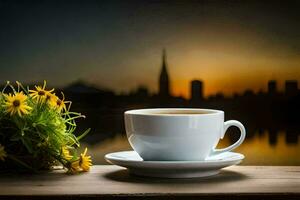 ein Tasse von Kaffee und ein Strauß von Blumen auf ein hölzern Tabelle im Vorderseite von ein Stadt. KI-generiert foto