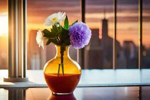 ein Vase mit Blumen auf ein Tabelle im Vorderseite von ein Stadtbild. KI-generiert foto