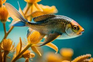 ein Fisch ist Schwimmen im das Wasser mit Gelb Blumen. KI-generiert foto