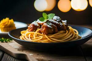 Spaghetti mit Fleischklößchen und Soße auf ein hölzern Tisch. KI-generiert foto