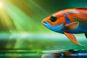 ein Fisch mit hell Orange Augen und ein Grün Körper. KI-generiert foto