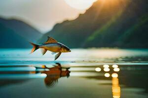 ein Fisch ist Springen aus von das Wasser beim Sonnenuntergang. KI-generiert foto