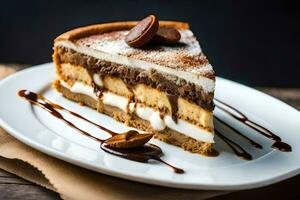 ein Scheibe von Kuchen auf ein Platte. KI-generiert foto