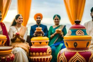 indisch Hochzeit Zeremonie mit Familie und Freunde. KI-generiert foto