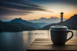 Kaffee Tasse auf das Tisch, See, Berge, Sonnenaufgang, Sonnenaufgang, Sonnenaufgang, Sonnenaufgang,. KI-generiert foto