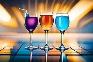 drei Brille von farbig Getränke sind gezeigt auf ein Tisch. KI-generiert foto