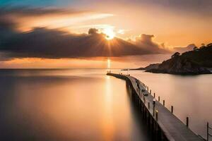 ein lange Exposition fotografieren von ein Seebrücke beim Sonnenuntergang. KI-generiert foto