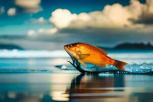 ein Fisch ist Schwimmen im das Wasser mit ein wolkig Himmel. KI-generiert foto