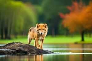 Foto Hintergrund das Wasser, Herbst, das Wald, das See, das Wolf, das Tier,. KI-generiert