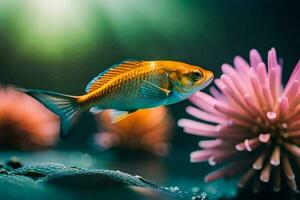 ein Fisch Schwimmen im Vorderseite von Rosa Blumen. KI-generiert foto